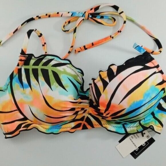 Sundazed Multicolor Palm Print Bikini Top With Ruffle Trim & Adjustable Halter T - Picture 3 of 6
